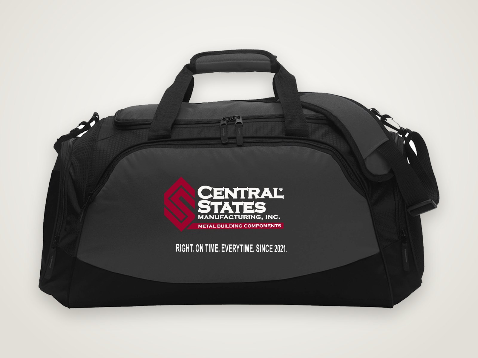 Charcoal and black duffel bag with the Central States Manufacturing logo
