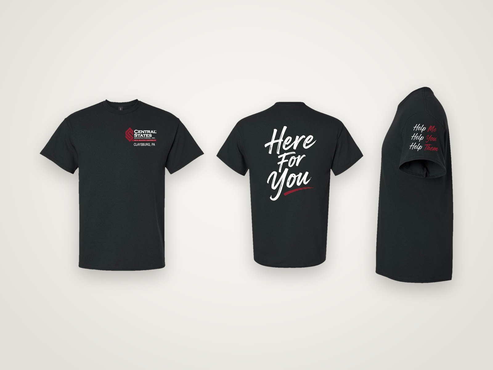 Black Central States tee shown front, back with "Here For You", and sleeve with "Help Me Help You Help Them"