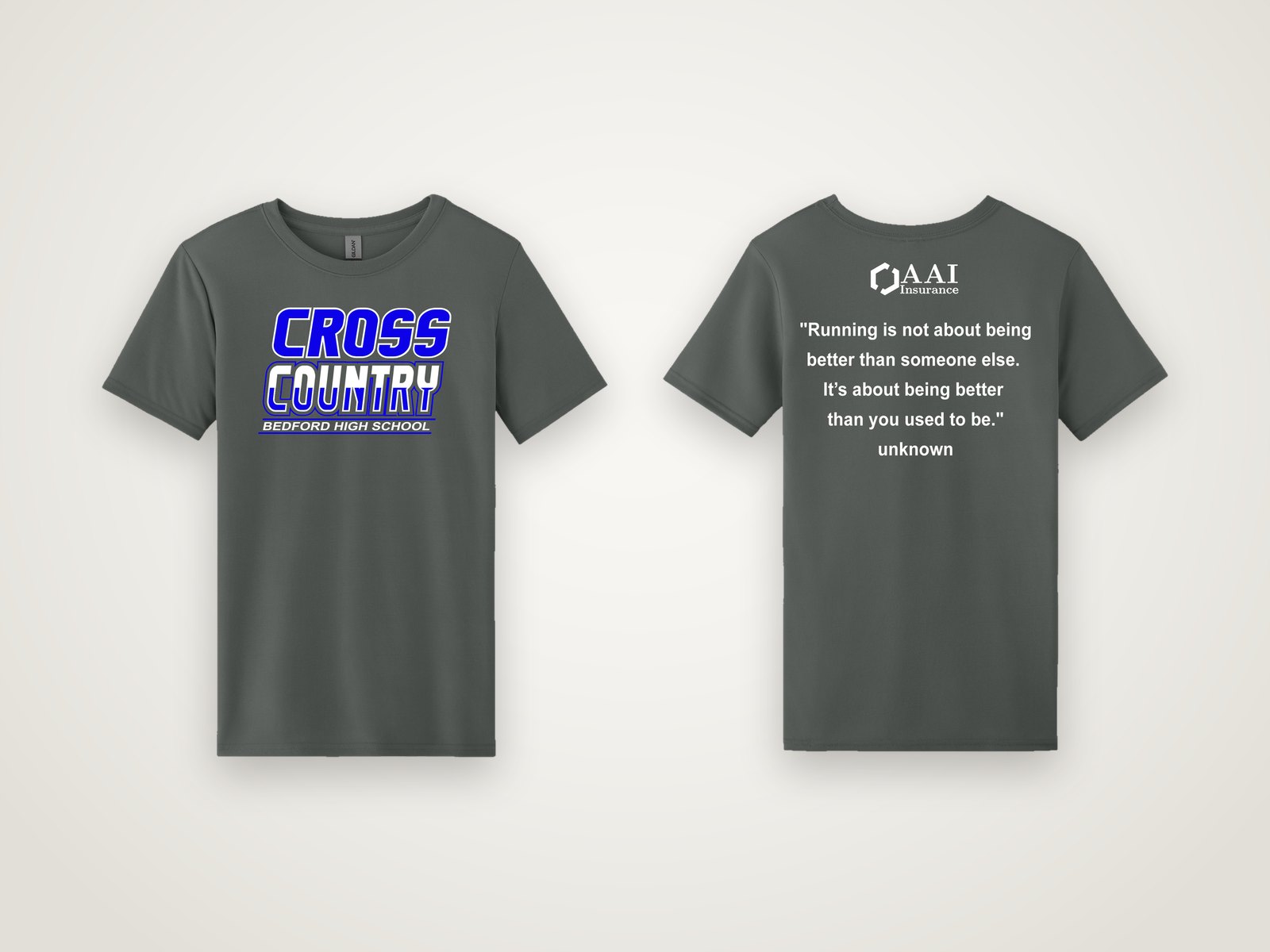 Charcoal Bedford High School Cross Country performance tee, front and back