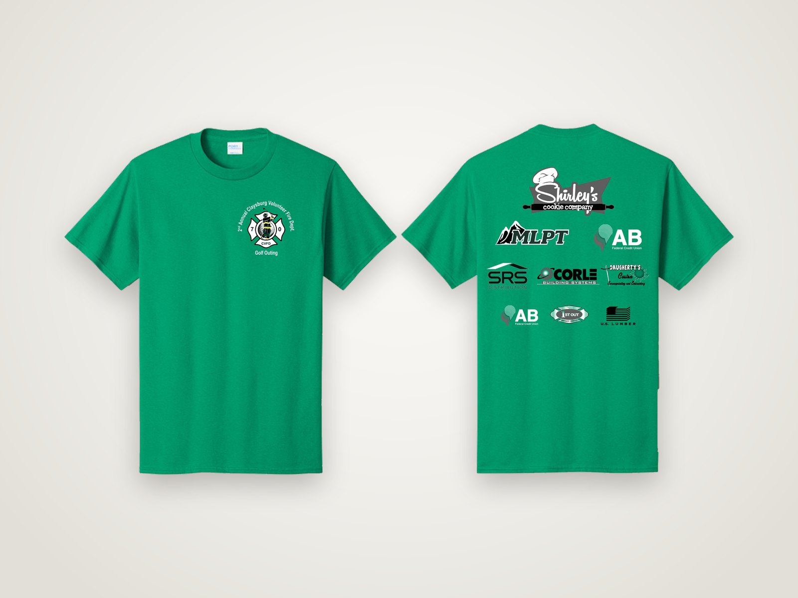 Kelly green Claysburg Volunteer Fire Department golf outing tee, front crest and sponsor logo back