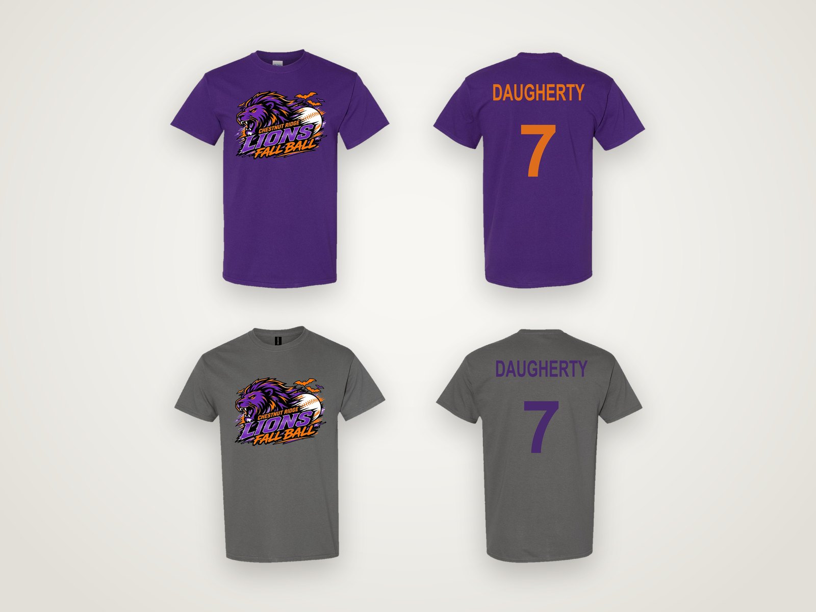 Purple and grey Lions Fall Ball tees, fronts with a lion and baseball design, backs with name and number