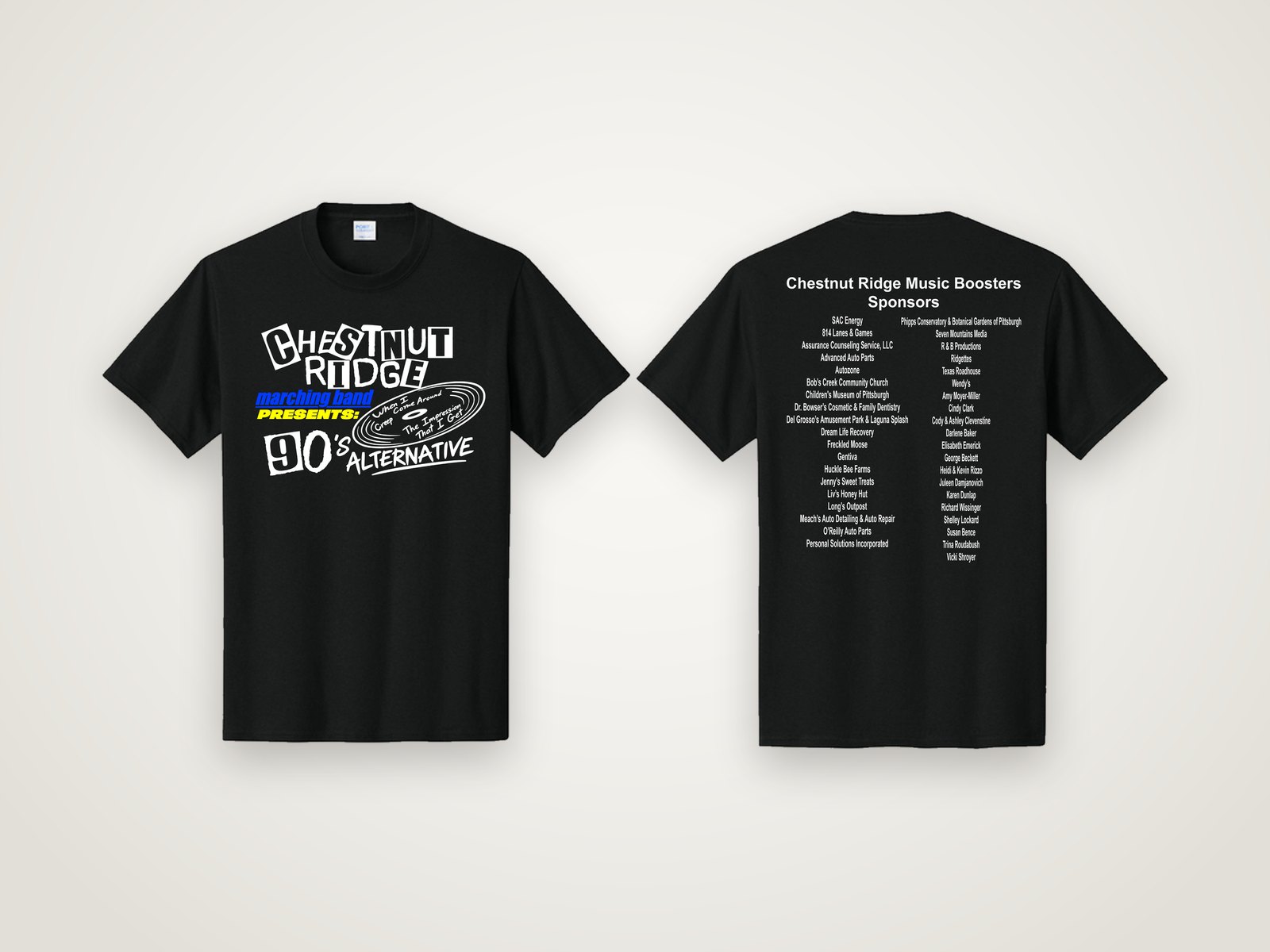 Black Chestnut Ridge marching band 90's Alternative show shirt, front and sponsor back