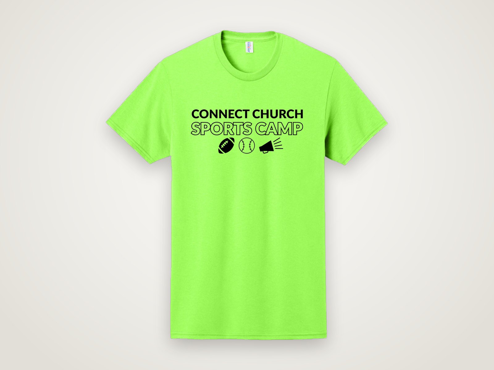 Neon green Connect Church Sports Camp tee with football, baseball, and megaphone icons